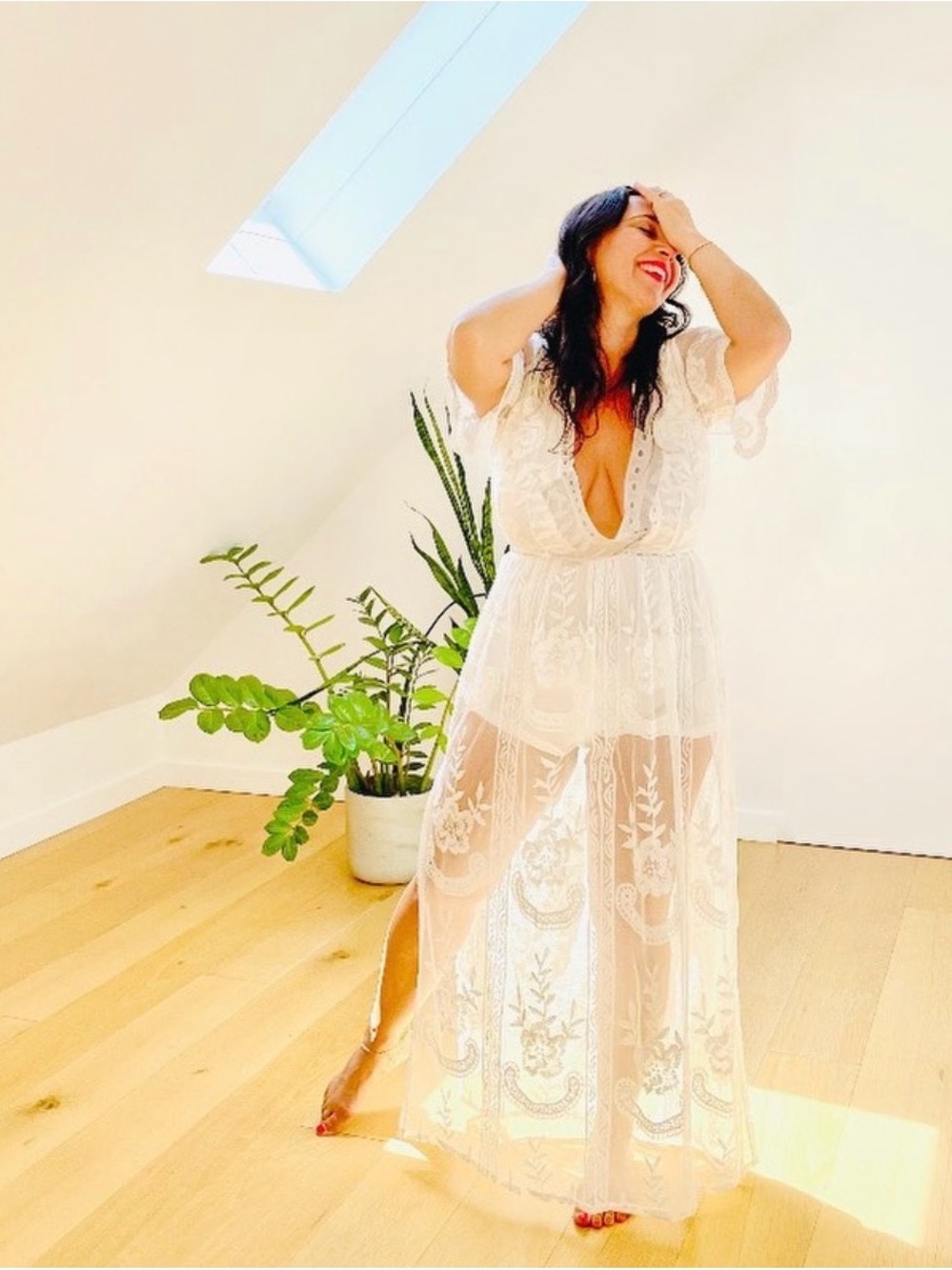 Honey Punch Ivory Lace Embroidered Maxi Dress Deep V Boho Bridal Size L